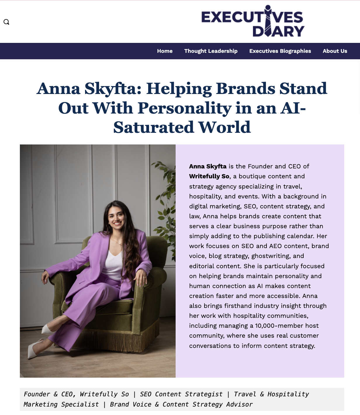 Executives Diary feature article about Anna Skyfta